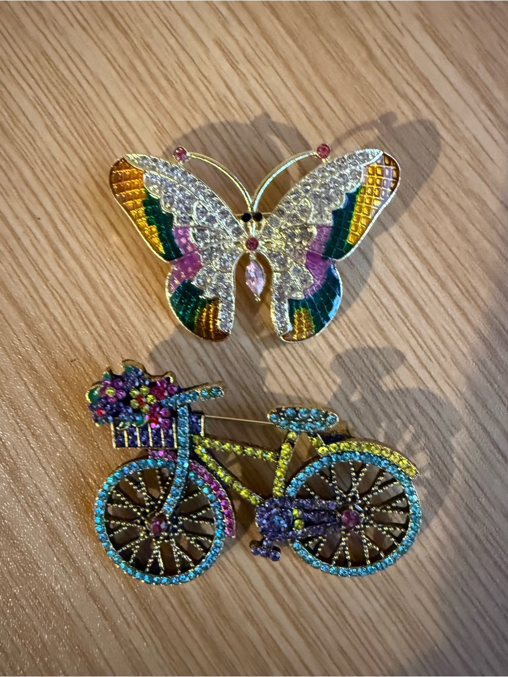 2 Brooches a Bicycle and a Butterfly Rhinstone New